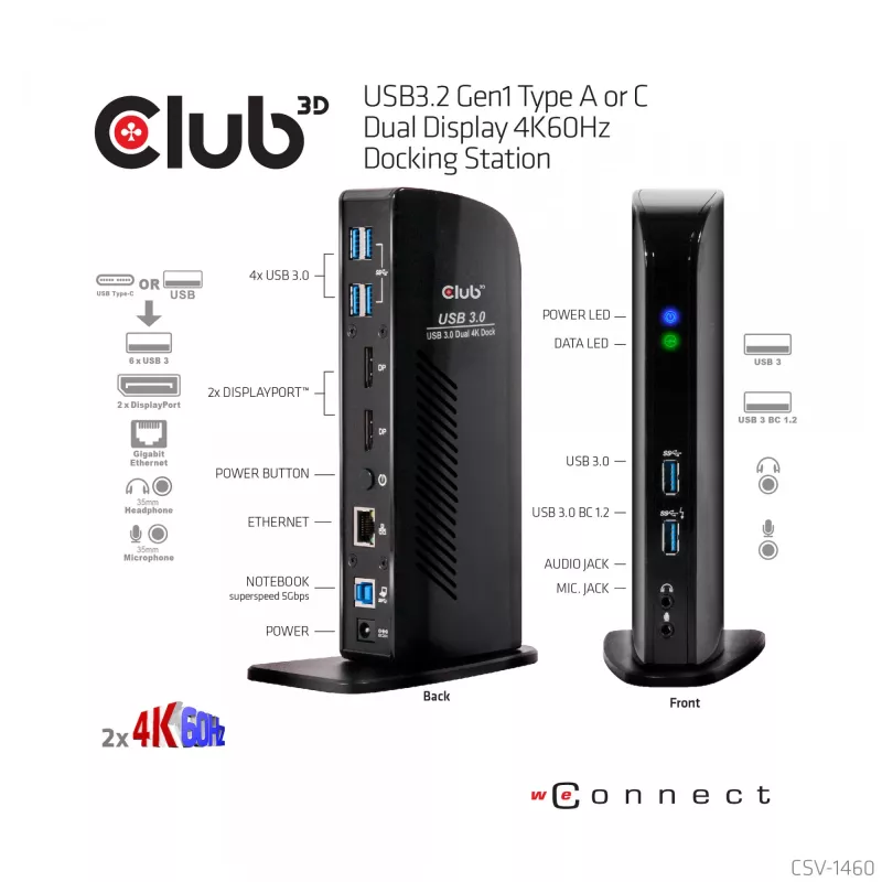 CLUB3D USB3.2 Gen1 Type A or C Dual Display 4K60Hz Docking Station DisplayLink® Certified