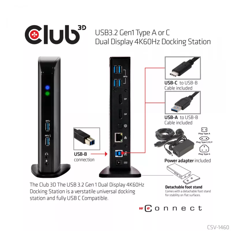 CLUB3D USB3.2 Gen1 Type A or C Dual Display 4K60Hz Docking Station DisplayLink® Certified