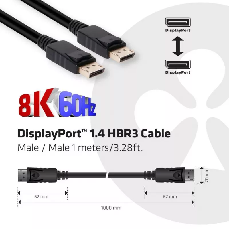 CLUB3D DisplayPort 1.4 HBR3 Cable 1m/3.28ft Male/Male 8K60Hz