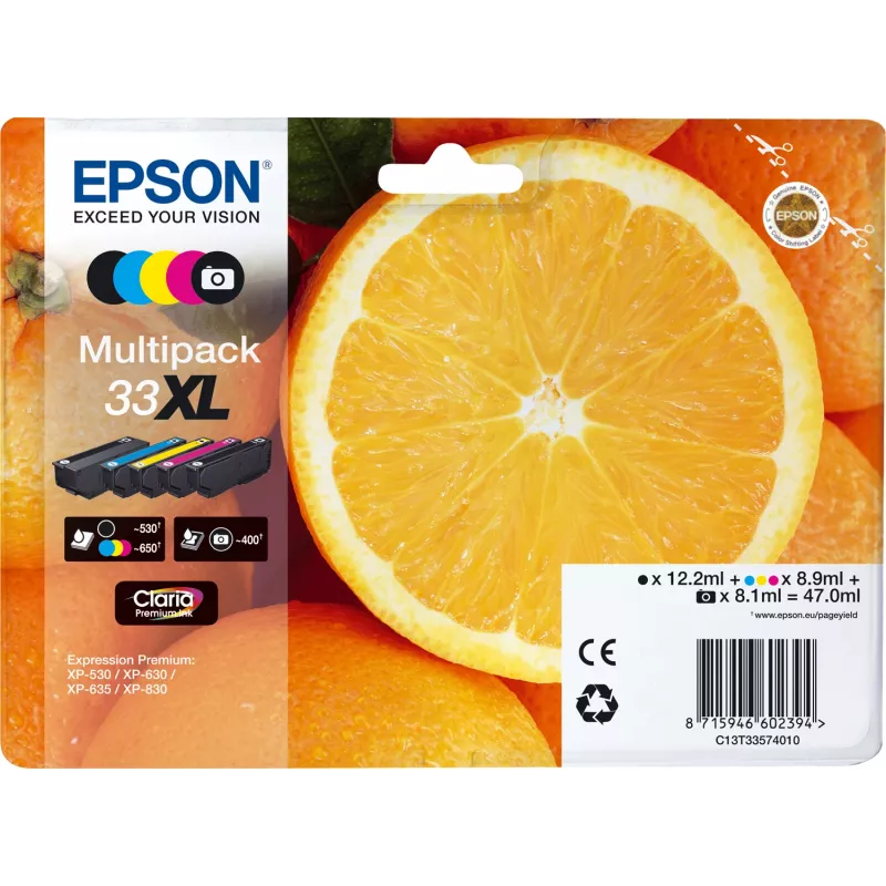 Epson Oranges Multipack 5-colours 33XL Claria Premium Ink, High (XL) Yield, Black, Photo black, Cyan, Magenta, Yellow, Pigment-based ink, Dye-based ink, 12.2 ml, 8.9 ml