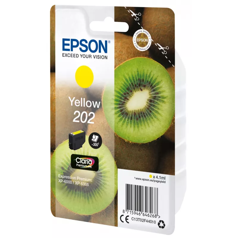 Epson Kiwi Singlepack Yellow 202 Claria Premium Ink, Standard Yield, Yellow, Pigment-based ink, 4.1 ml, 1 pc(s), 300 pages
