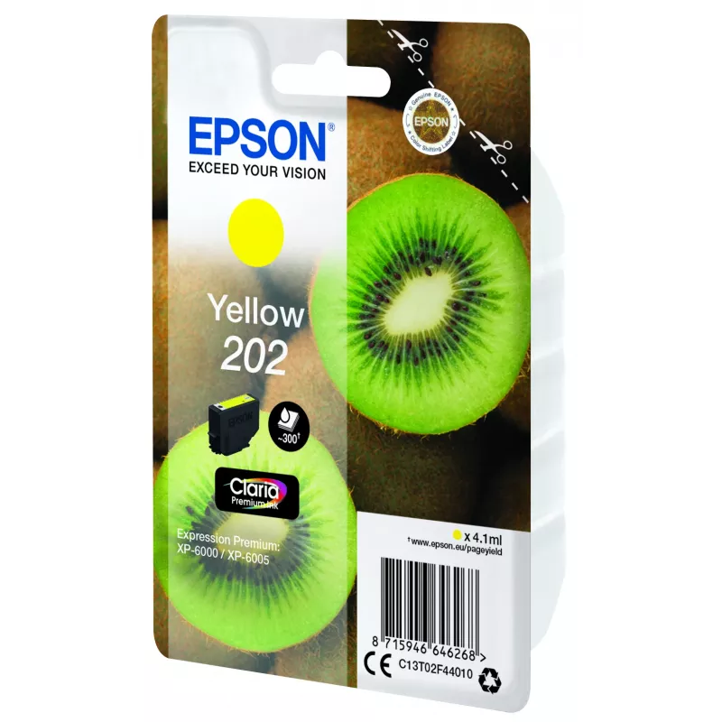 Epson Kiwi Singlepack Yellow 202 Claria Premium Ink, Standard Yield, Yellow, Pigment-based ink, 4.1 ml, 1 pc(s), 300 pages
