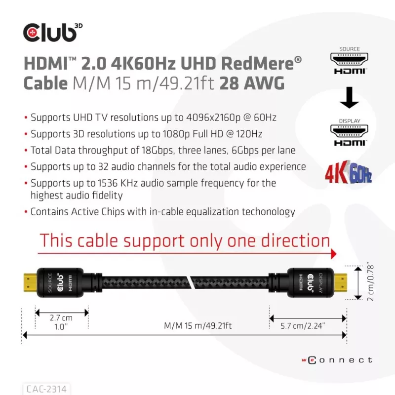 CLUB3D HDMI 2.0 4K60Hz RedMere cable 15m/49.2ft