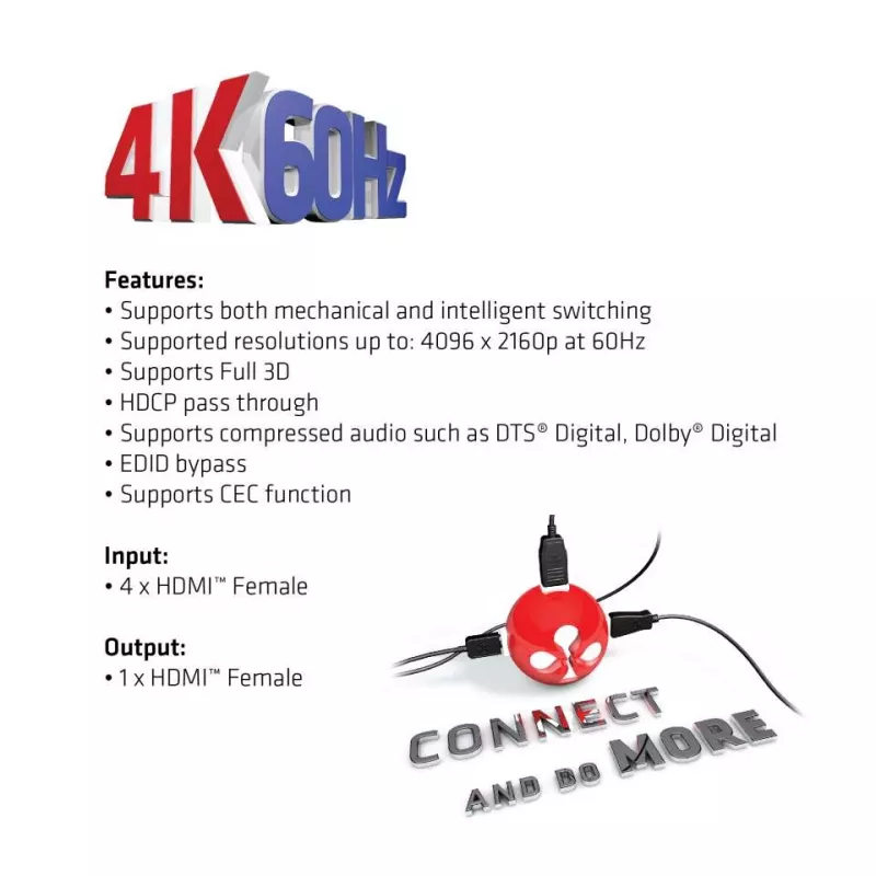 CLUB3D HDMI™ 2.0 UHD 4K60Hz SwitchBox 4 ports and included IR Remote control