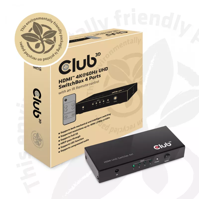 CLUB3D HDMI™ 2.0 UHD 4K60Hz SwitchBox 4 ports and included IR Remote control