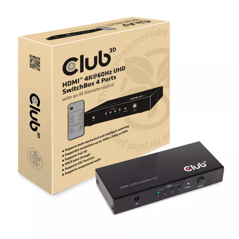 CLUB3D HDMI™ 2.0 UHD 4K60Hz SwitchBox 4 ports and included IR Remote control
