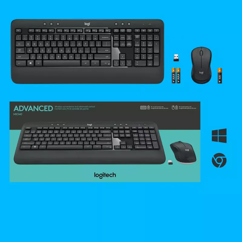 Wireless keyboard and mouse set Logitech MK540 Advanced — full-size QWERTY keyboard, USB receiver, US layout, ergonomic mouse, black/white