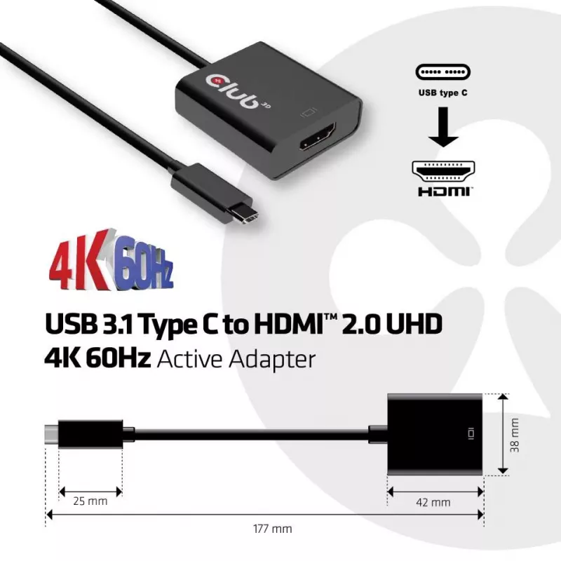USB 3.1 Type C to HDMI 2.0 UHD 4K 60Hz Active Adapter CLUB3D CAC-2504