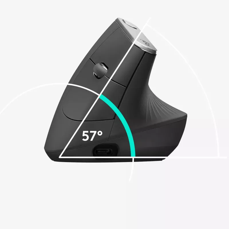 Ergonomic wireless mouse Logitech MX Vertical, MX Vertical, 4000 DPI, RF Wireless + Bluetooth, right-hand, Graphite, office use