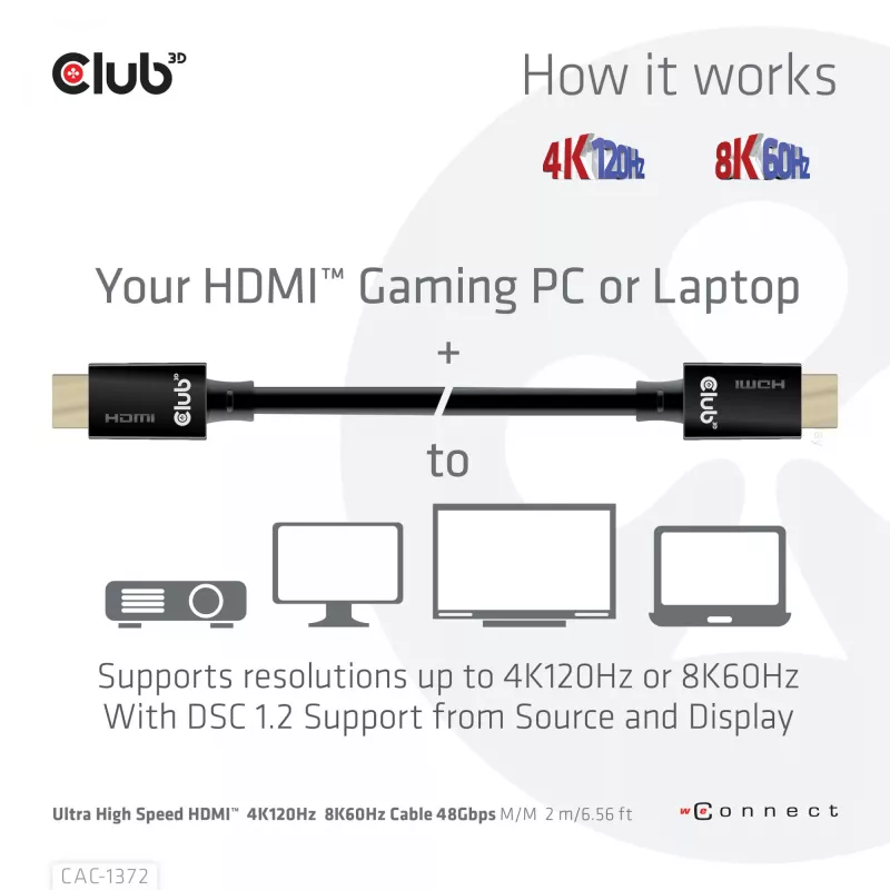 CLUB3D Ultra High Speed HDMI 4K120Hz, 8K60Hz Certified Cable 48Gbps M/M 2 m / 6.56 ft
