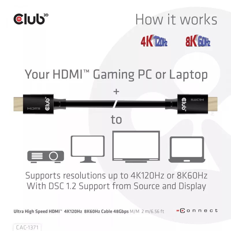 CLUB3D Ultra High Speed HDMI 4K120Hz, 8K60Hz Certified Cable 48Gbps M/M 1 m/3.28 ft