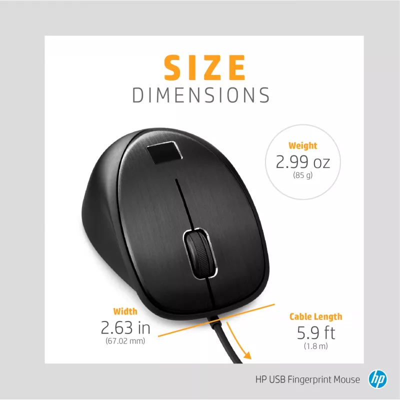HP USB Fingerprint Mouse, Ambidextrous, USB Type-A, Black