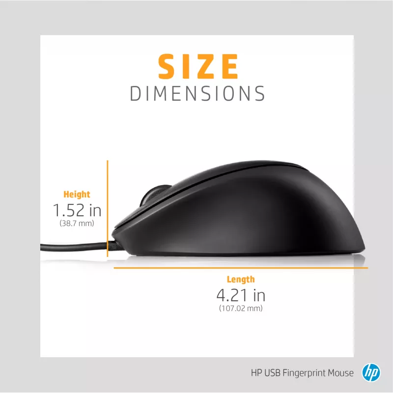 HP USB Fingerprint Mouse, Ambidextrous, USB Type-A, Black