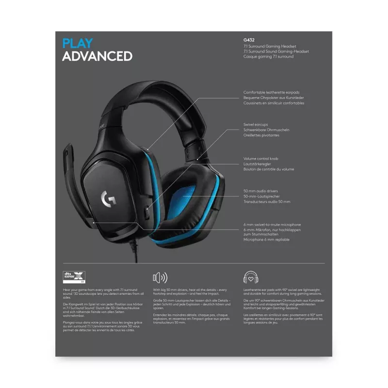 LOGITECH G432 - USB / 3.5mm - Game-headset - 7.1 Surround - Blue