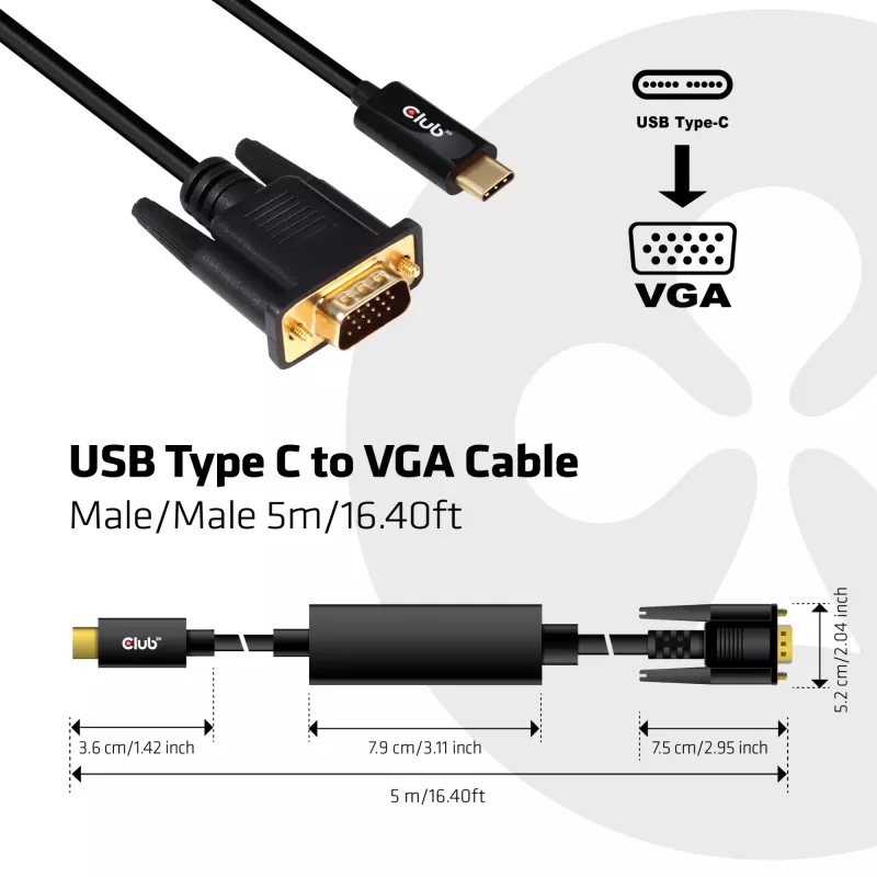 USB Type C to VGA Active Cable M/M CLUB3D CAC-1512 5m