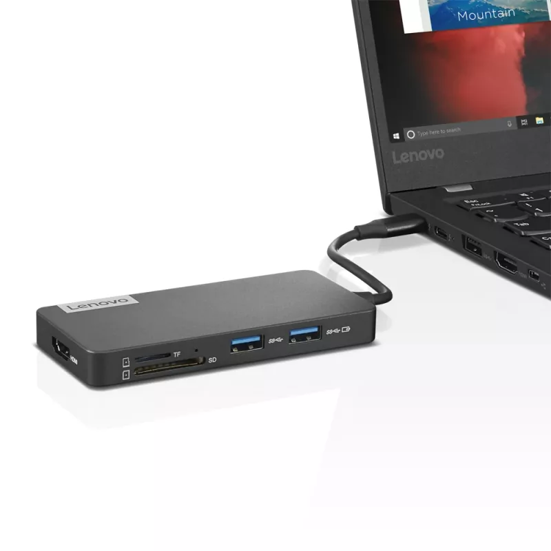 Docking station Lenovo GX90T77924 — USB-C hub with HDMI 1.4, 2×USB-A 3.2 Gen1, USB‑2.0, microSD card reader, grey
