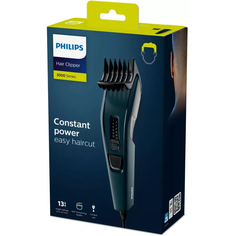 Philips HC3505/15 Hairclipper Series 3000 Hair Clipper, Corded, 13 Length Settings, 0.5-23 mm, 41 mm Blade, Self-Sharpening Stainless Steel Blades, Black