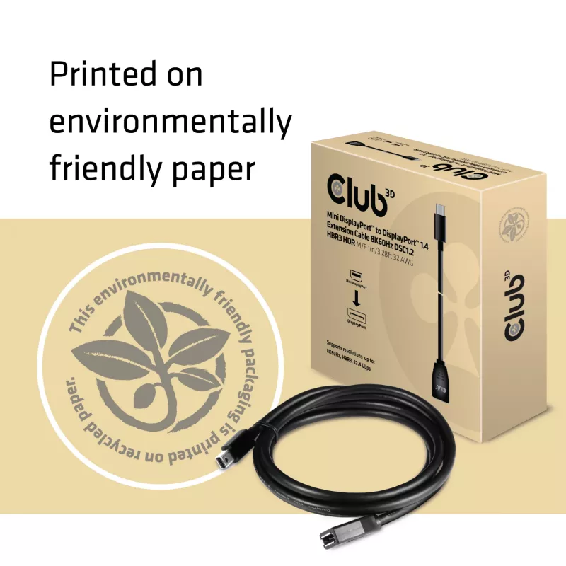 CLUB3D Mini DisplayPort to DisplayPort1.4 Extension Cable 8K60Hz DSC1.2 HBR3 HDR M/F 1m/3.28 ft