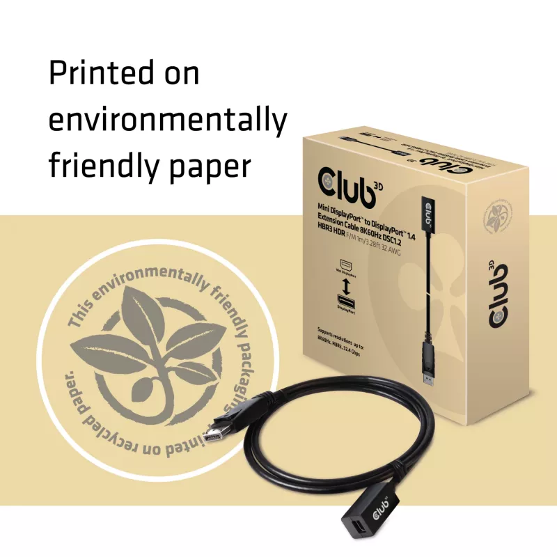 CLUB3D Mini DisplayPort 1.4 to DisplayPort Extension Cable 8K60Hz DSC 1.2 HBR3 HDR Bidirectional F/M 1m/3.28ft