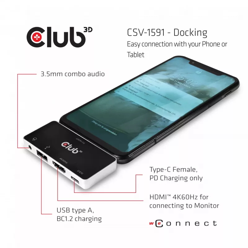 CLUB3D USB Type C 4-in-1 Hub to HDMI™ 4K60Hz USB Type C PD / USB Type A / Audio jack