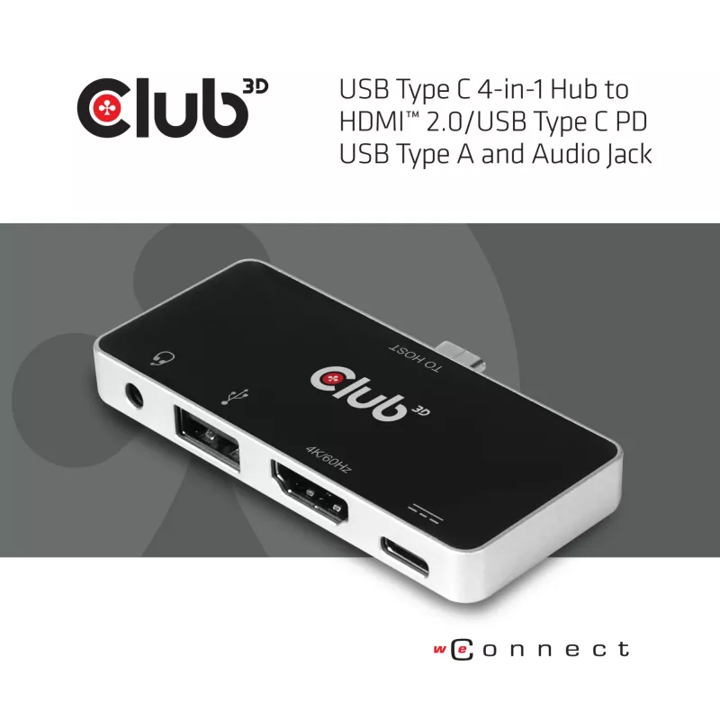 CLUB3D USB Type C 4-in-1 Hub to HDMI™ 4K60Hz USB Type C PD / USB Type A / Audio jack