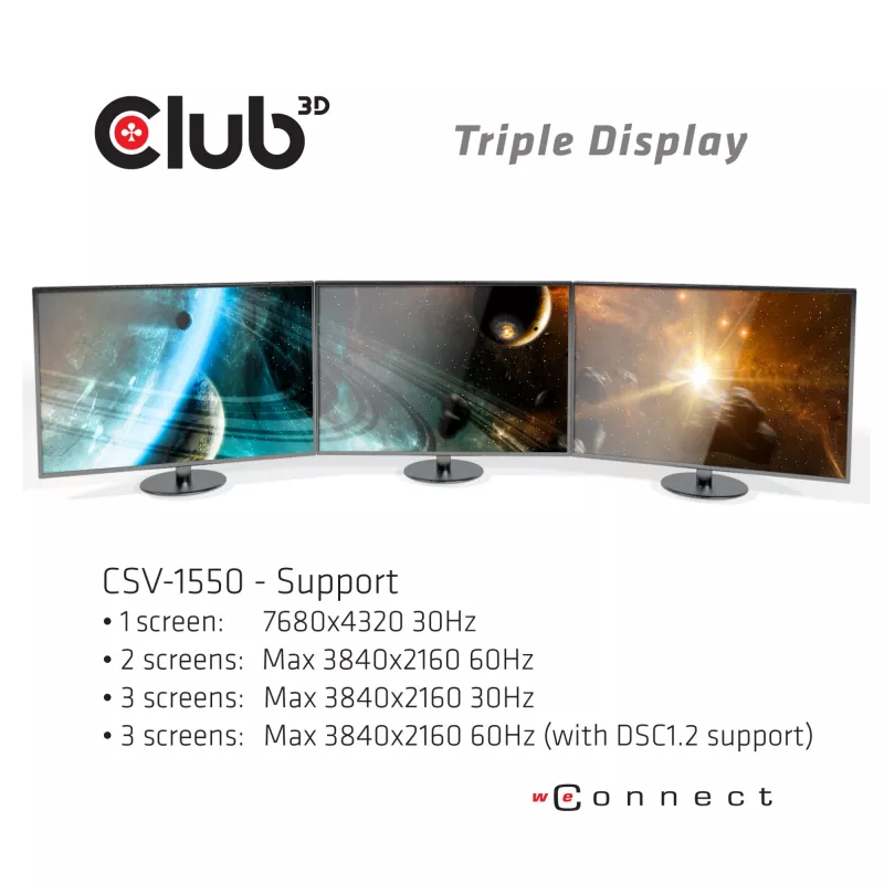 CLUB3D USB Type C 3.2 Gen 1 Multi Stream Transport (MST)Hub DisplayPort1.4 Triple Monitor