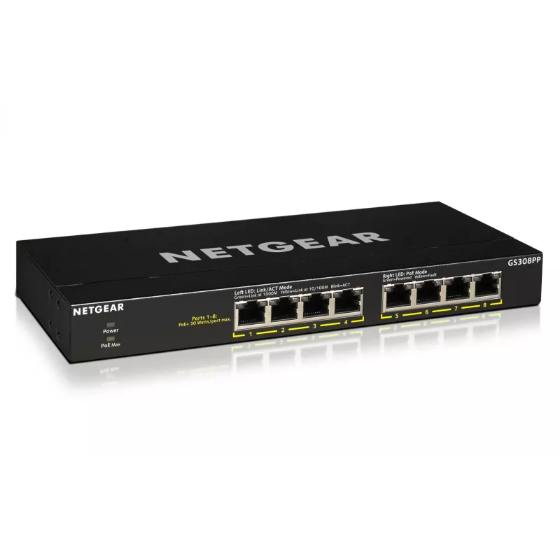 NETGEAR GS308PP Unmanaged Gigabit Ethernet (10/100/1000) Power over Ethernet (PoE) Black