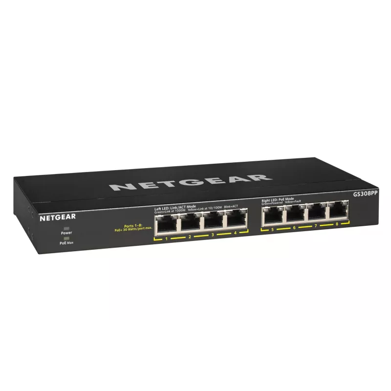 NETGEAR GS308PP Unmanaged Gigabit Ethernet (10/100/1000) Power over Ethernet (PoE) Black