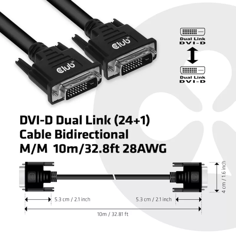 CLUB3D DVI-D Dual Link (24+1) Cable Bidirectional M/M 10m/32.8ft 28AWG