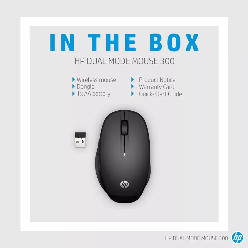HP Dual Mode Black Mouse 300, Right-hand, Optical, RF Wireless, 3600 DPI, Black