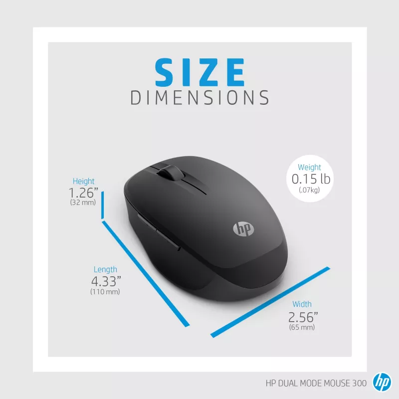 HP Dual Mode Black Mouse 300, Right-hand, Optical, RF Wireless, 3600 DPI, Black
