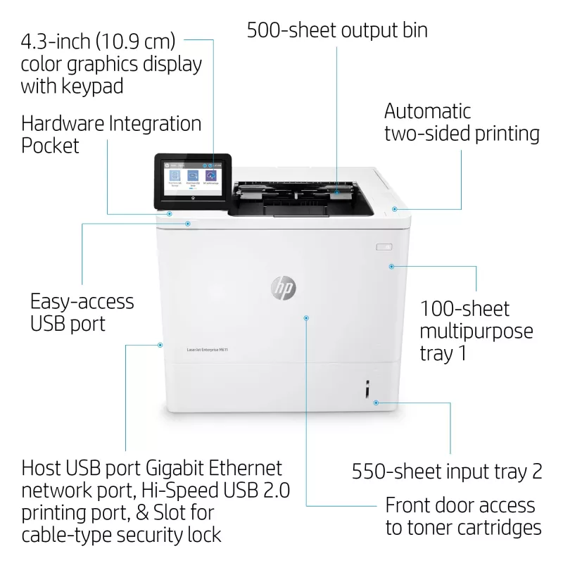 HP LaserJet Enterprise M611dn, Laser, 1200 x 1200 DPI, A4, 61 ppm, Duplex printing, Network ready