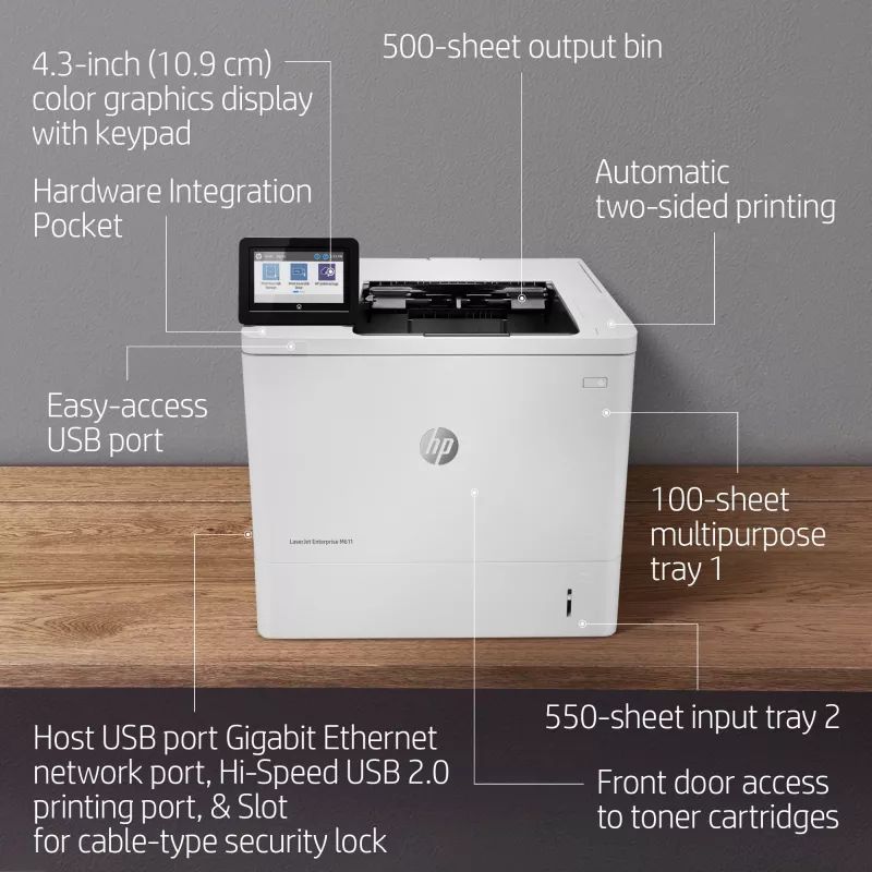 HP LaserJet Enterprise M611dn, Laser, 1200 x 1200 DPI, A4, 61 ppm, Duplex printing, Network ready
