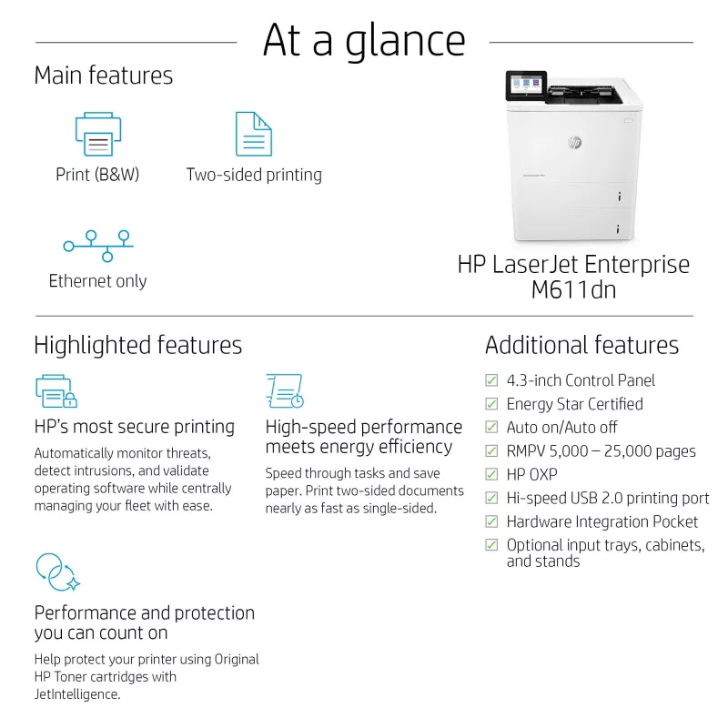 HP LaserJet Enterprise M611dn, Laser, 1200 x 1200 DPI, A4, 61 ppm, Duplex printing, Network ready