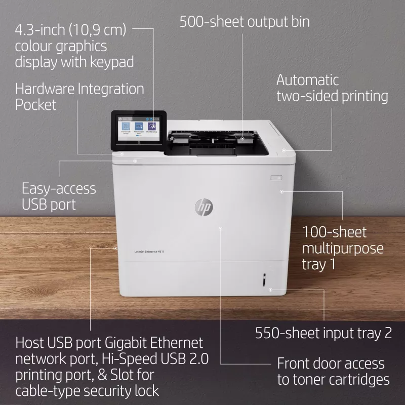 HP LaserJet Enterprise M611dn, Laser, 1200 x 1200 DPI, A4, 61 ppm, Duplex printing, Network ready