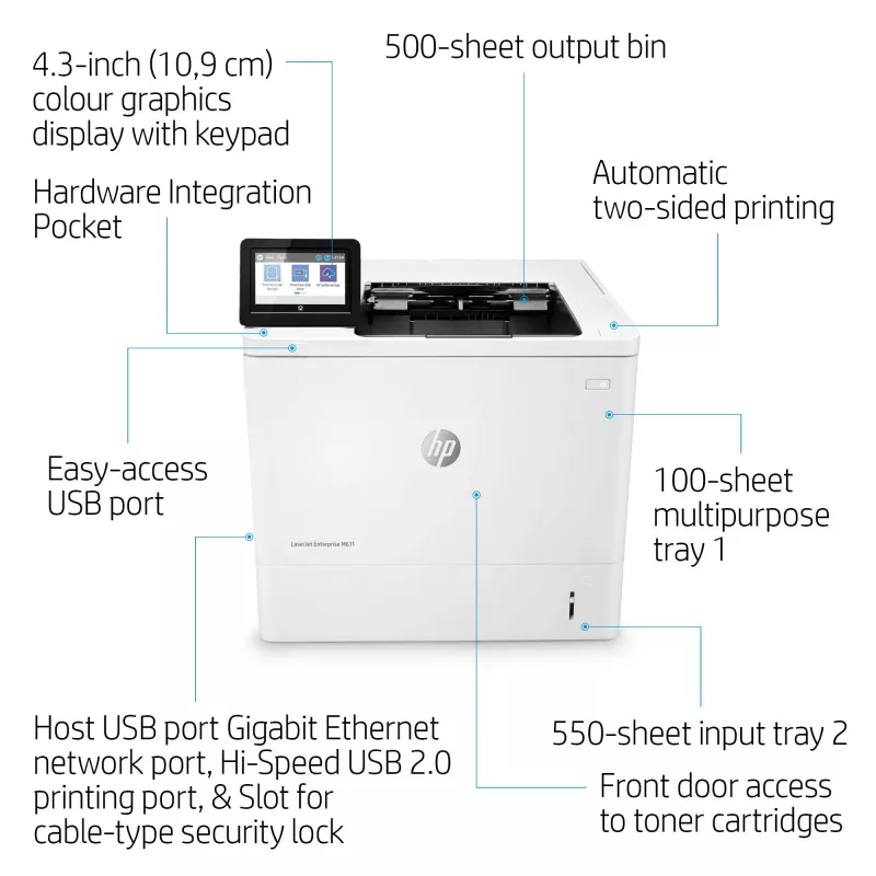 HP LaserJet Enterprise M611dn, Laser, 1200 x 1200 DPI, A4, 61 ppm, Duplex printing, Network ready