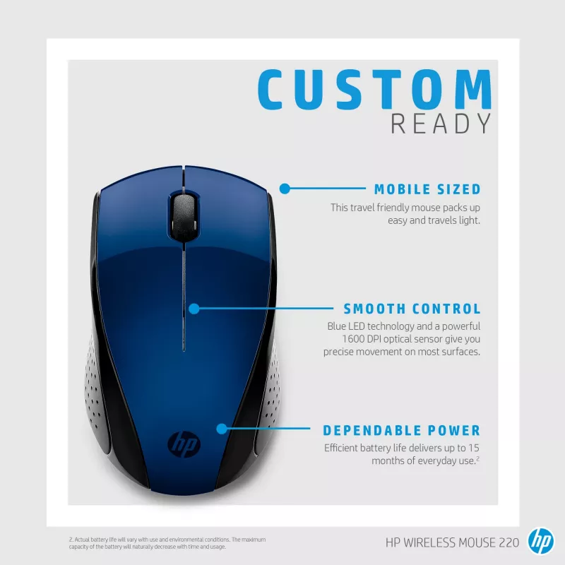 HP Wireless Mouse 220 (Lumiere Blue), Ambidextrous, RF Wireless, Blue