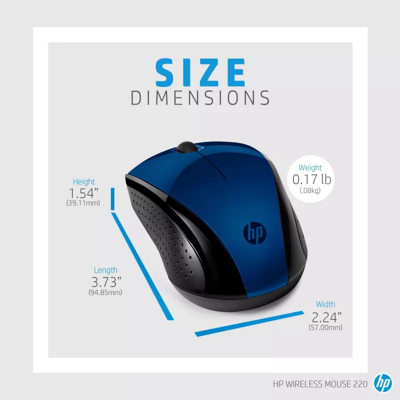 HP Wireless Mouse 220 (Lumiere Blue), Ambidextrous, RF Wireless, Blue