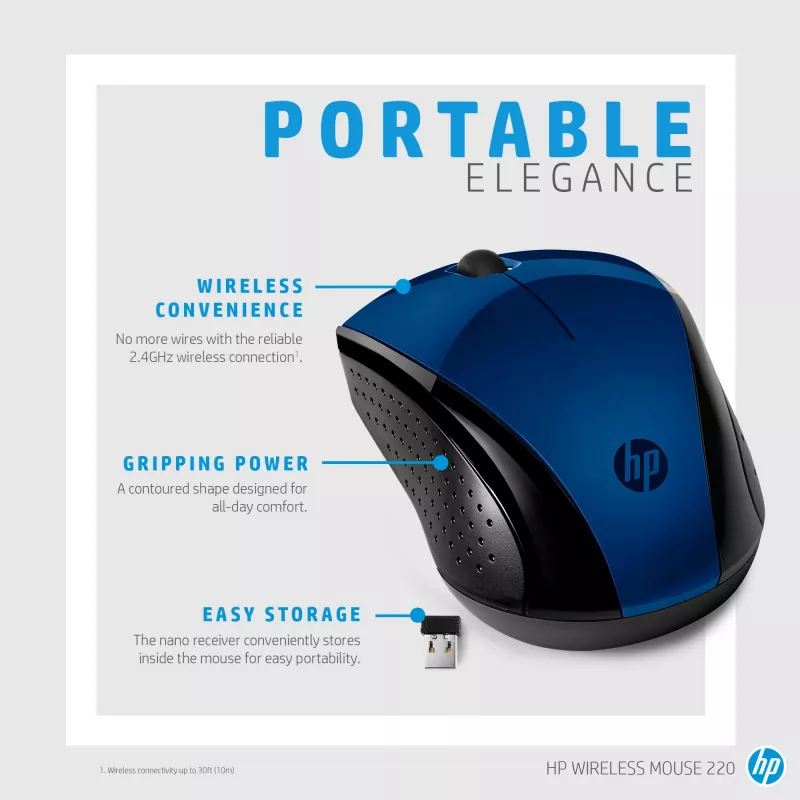 HP Wireless Mouse 220 (Lumiere Blue), Ambidextrous, RF Wireless, Blue