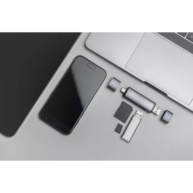 DIGITUS Combo Card Reader Hub (USB-C+USB 3.0) 1x SD, 1x MicroSD, 1x USB 3.0, grey