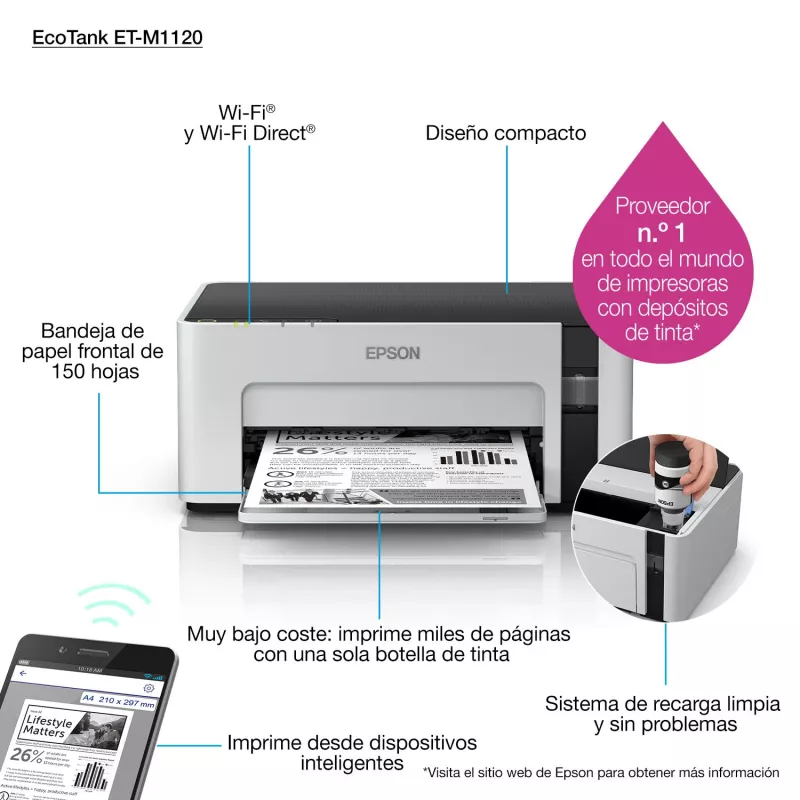 Inkjet printer Epson EcoTank ET-M1120 — monochrome, A4, 1440x720 DPI, Wi‑Fi, refillable ink tank