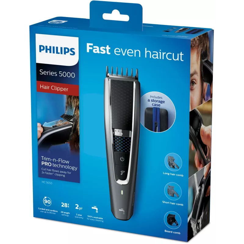 Philips 5000 series HC5650/15 hair clipper, cordless or corded, 28 length steps, grey/silver