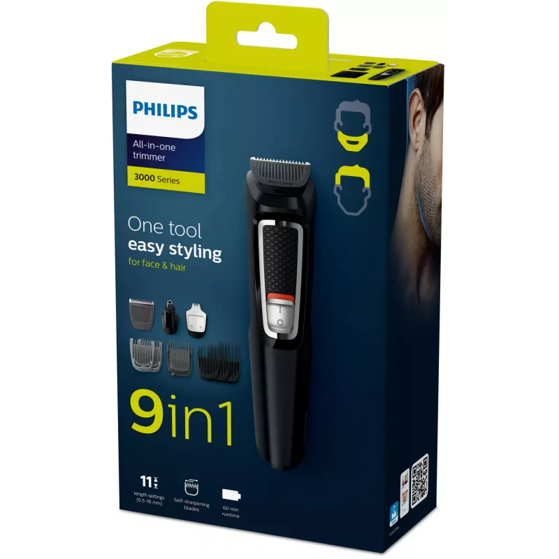 Multigroomer trimmer Philips MULTIGROOM Series 3000 9-in-1 MG3740/15 — NiMH battery, 60 min runtime, stainless steel blades, 9 combs, black