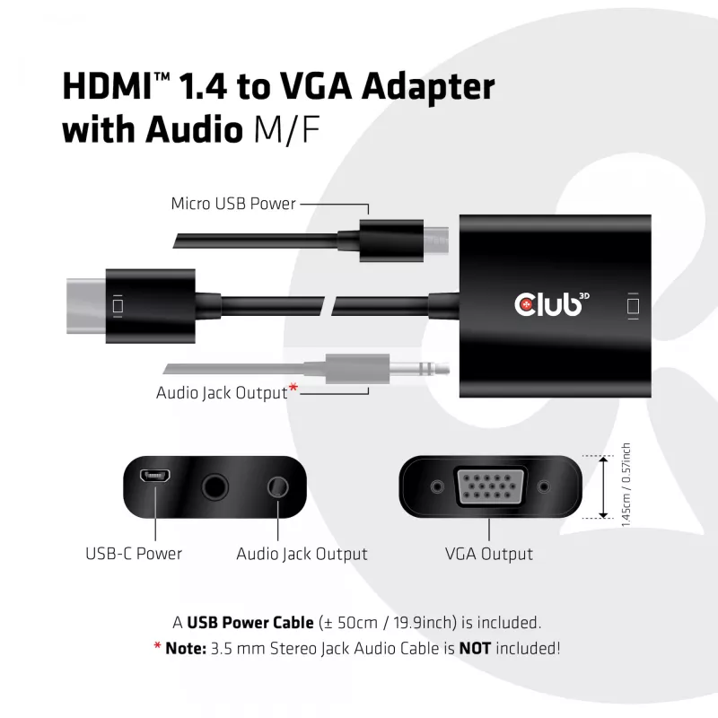 CLUB3D CAC-1302 video cable adapter 0.5 m HDMI Type A (Standard) VGA (D-Sub) Black