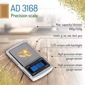 Precision scale Adler AD 3168, 100 g capacity, 0.01 g accuracy, silver, portable