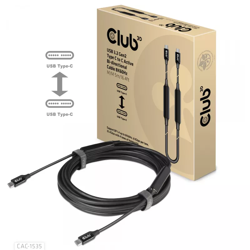 CLUB3D USB 3.2 Gen2 Type C to C Active Bi-directional Cable 8K60Hz M/M 5m/16.4ft