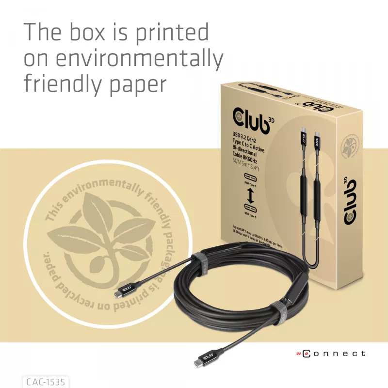 CLUB3D USB 3.2 Gen2 Type C to C Active Bi-directional Cable 8K60Hz M/M 5m/16.4ft