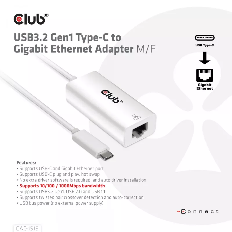USB3.2 Gen1 Type-C to Gigabit Ethernet Adapter CLUB3D CAC-1519