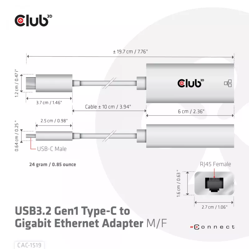 USB3.2 Gen1 Type-C to Gigabit Ethernet Adapter CLUB3D CAC-1519