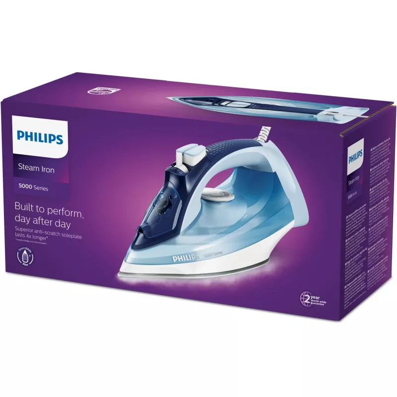 Steam iron Philips DST5030/20 — 2400W, 0.32 L tank, SteamGlide Plus soleplate, 45 g/min continuous, 180 g/min boost, Blue